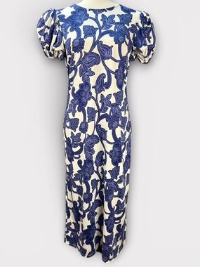 Boden Puff Sleeve Jersey Midi Dress Womens 12P Petite Blue Paisley Floral Resort